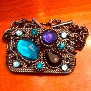 Statement chunky chain bracelet gunmetal with blue black faceted stones